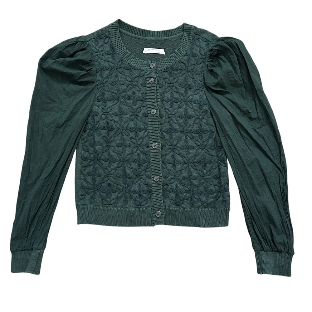 Anthropologie Mixed Media Cardigan Sweater Medium Green Knit Puffed Sleeves